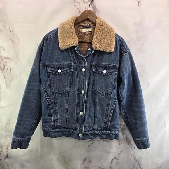 Pilcro Jacket Women XS Denim Jean Trucker Faux Fur Shearling Sherpa - Picture 1 of 11